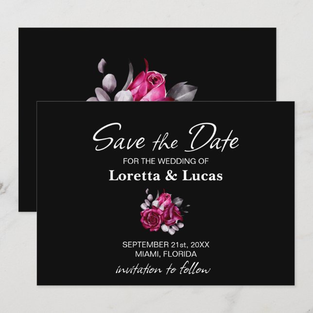 Rosa Rose Schwarze Hochzeit speichern das Datum Save The Date (Vorne/Hinten)