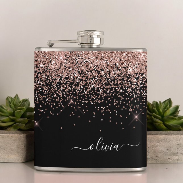 Rosa Rose Schwarzer Glitzer Monogram Name Flachmann (Von Creator hochgeladen)