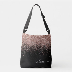 Rosa Rose Schwarzer Glitzer Monogram Name Tragetaschen Mit Langen Trägern