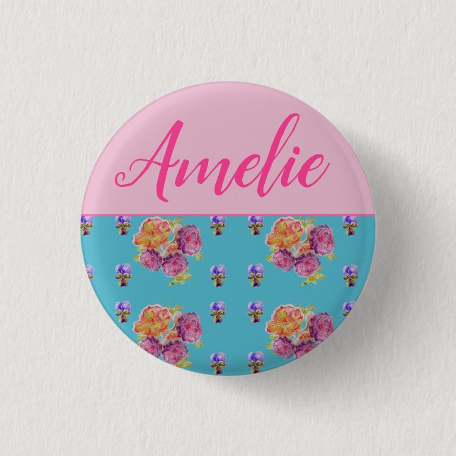 Rosa Rose Shabby Chic Aquamarin Aqua Blume Button (Vorderseite)
