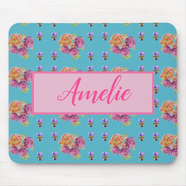 Rosa Rose Shabby Chic Aquamarin Aqua Blume Mousepad (Vorne)