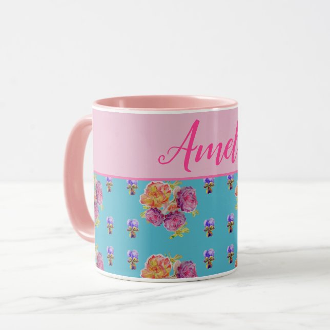 Rosa Rose Shabby Chic Aquamarin Aqua Blume Tasse (Vorderseite Links)
