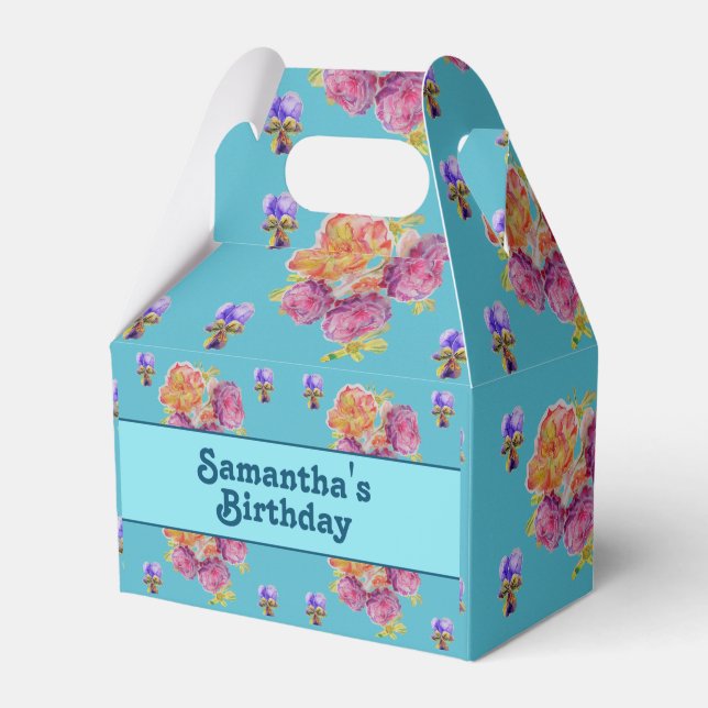 Rosa Rose Shabby Chic Aquamarin Aqua Floral Gefall Geschenkschachtel (Vorderseite)