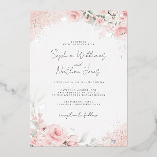 Rosa Rose Silberschmetterling Hochzeit Folieneinladung