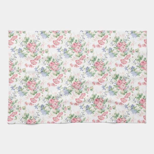Rosa Rose und blau blühender Chintz Geschirrtuch (Horizontal)
