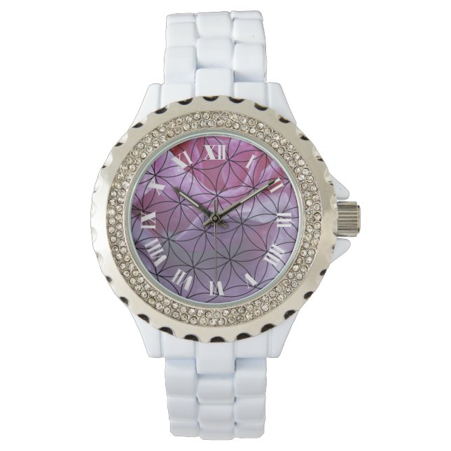 Rosa Rose und die Blume des Lebensmusters Armbanduhr (Vorderseite)