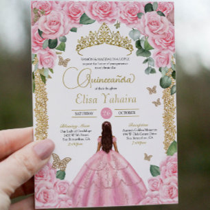 Rosa Rose und Gold Butterfly Quinceanera Einladung