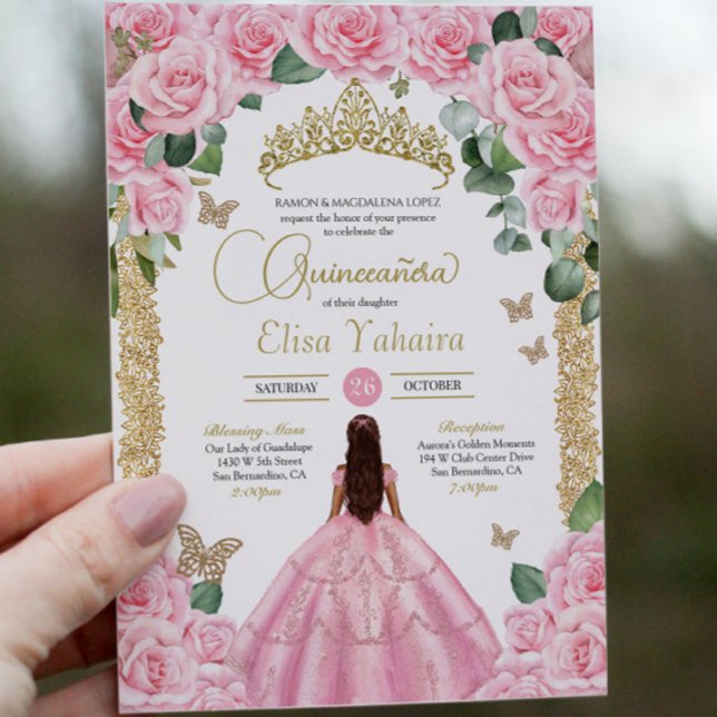 Rosa Rose und Gold Butterfly Quinceanera Einladung (Von Creator hochgeladen)