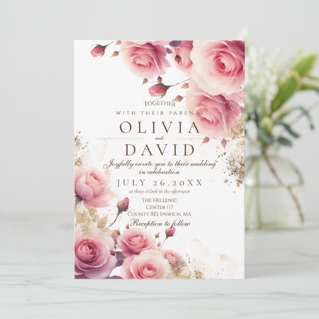 Rosa Rose und Gold Elegante Blume Hochzeit Einladung (Stehend Vorderseite)