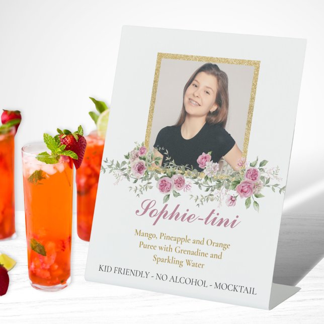 Rosa Rose und Gold Floral Drink Menü Foto Signatur Sockelschild (Pink and Gold Floral Drink Menu Mocktail Cocktail Featured Special Sign)
