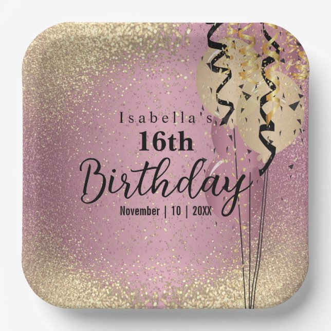 Rosa Rose und Gold Glitzer Geburtstag Pappteller (Vorderseite)