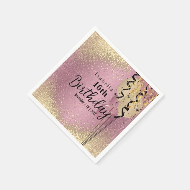 Rosa Rose und Gold Glitzer Geburtstag Serviette (Ecke)