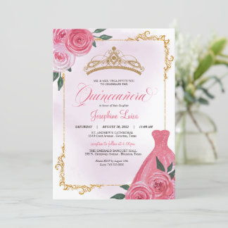 Rosa Rose und Gold Weiße Flora Tiara Quinceñera Einladung