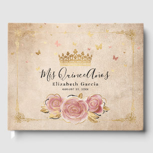 Rosa Rose und goldene Krone Elegantes Quinceanera Gästebuch