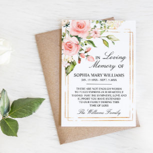 Rosa Rose und grüne Blätter Beileid Memory Dankeskarte