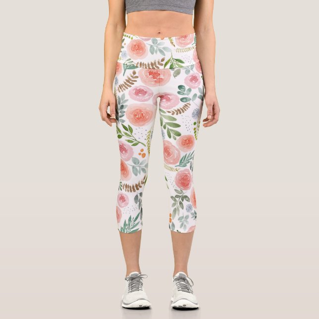 Rosa Rose und Grüne Blätter  Capri Leggings (Vorderseite)