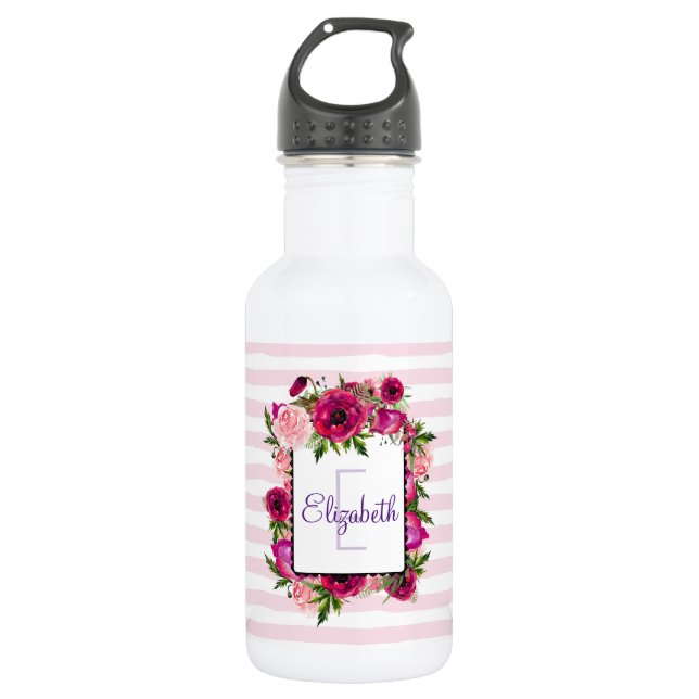 Rosa Rose und Poppy Floral Bouquet Monogramm Edelstahlflasche (Vorderseite)