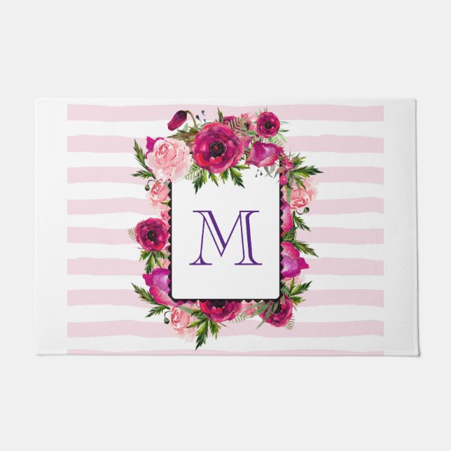 Rosa Rose und Poppy Floral Bouquet Monogramm Fußmatte (Vorderseite)