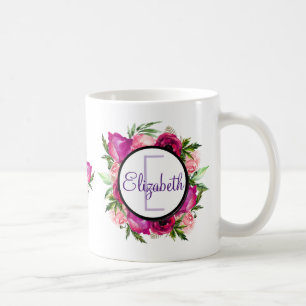 Rosa Rose und Poppy Floral Bouquet Monogramm Kaffeetasse