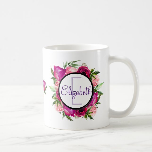 Rosa Rose und Poppy Floral Bouquet Monogramm Kaffeetasse (Rechts)