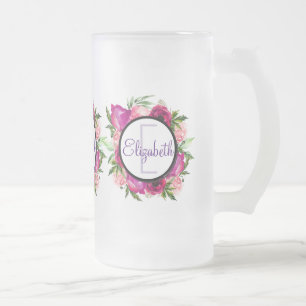 Rosa Rose und Poppy Floral Bouquet Monogramm Mattglas Bierglas