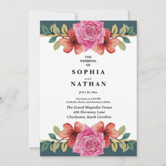 Rosa Rose und Türkis Florale Hochzeitseinladung Einladung