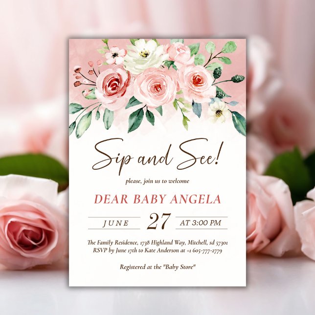 Rosa Rose Wasserfarbe Rosa Rose Farbe Es ist eine  Einladung (Blush Pink Rose Watercolor It's A Girl Sip and See Invitation!)