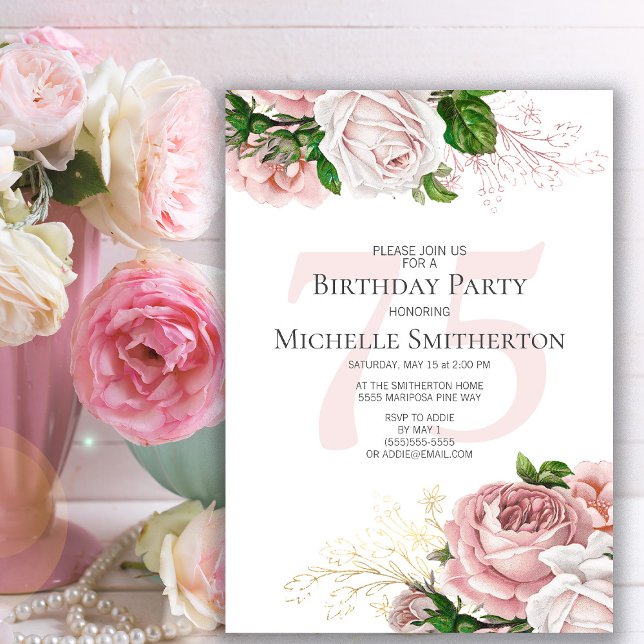Rosa Rose Weiß 75. Geburtstag Einladung (Elegant pink vintage roses 75th birthday party invitation for women)