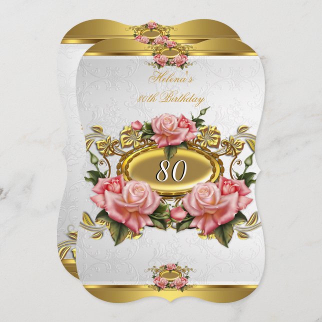 Rosa Rose Weiß 80. Geburtstag 2 Einladung (Vorne/Hinten)