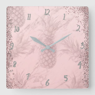 Rosa Roségold Glitter-Ananas Tropisch Chic Quadratische Wanduhr