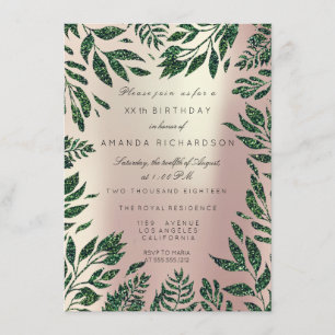 Rosa Roségold Glitter Blätter Floral Rahmen Grün Einladung