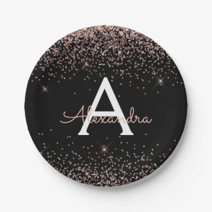 Rosa Roségold Glitter Funkeln Monogramm Geburtstag Pappteller