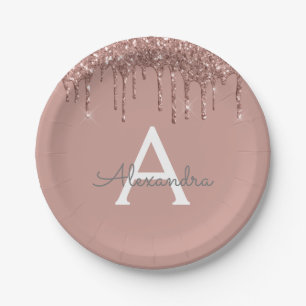 Rosa Roségold Glitter Monogramm Geburtstag Pappteller