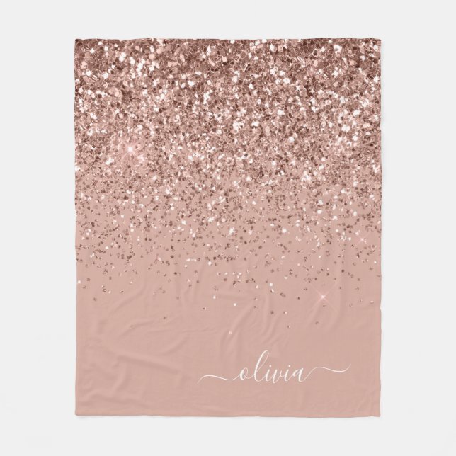 Rosa Roségold Glitter Monogramm Name Fleecedecke (Vorderseite)