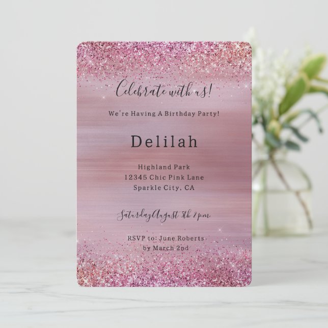 Rosa Roségold Glitzer Geburtstag Einladung (Stehend Vorderseite)