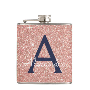 Rosa Roségold Marineblau Glitter Funkeln Monogramm Flachmann