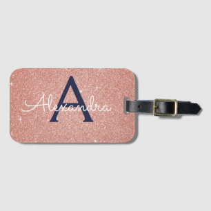 Rosa Roségold Marineblau Glitzer Monogramm Gepäckanhänger
