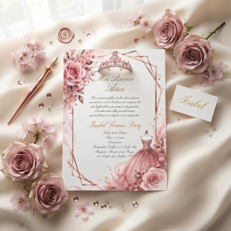 Rosa Roségold Prinzessin mit Kranz Quinceañera Einladung
