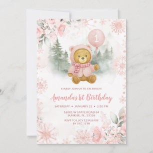 Rosa Roségold-Winterbär-Ballon 1. Geburtstag Einladung