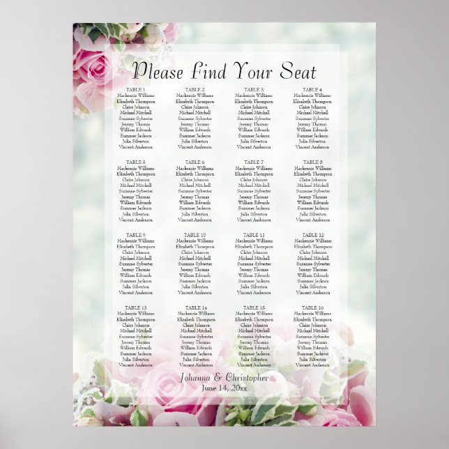 Rosa Rosen 16 Tabelle Hochzeitskarte Poster (Vorne)