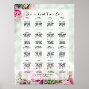 Rosa Rosen 16-Tisch-Hochzeits-Sitzplan Poster