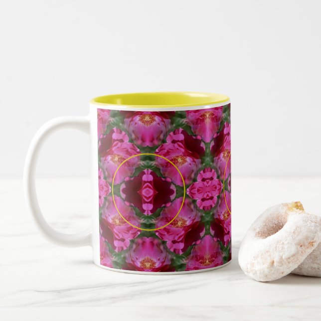Rosa Rosen Abstrakter Rahmen Blütenbilder hinzufüg Zweifarbige Tasse (Mit Donut)