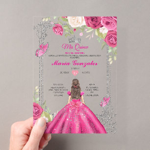 Rosa Rosen-Acrylblatt Quinceañera Floral Sweet 15 Acryleinladungen
