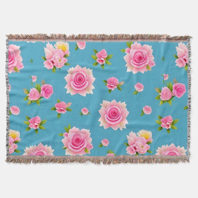 Rosa Rosen auf blauem Hintergrund Decke (Vorderseite)