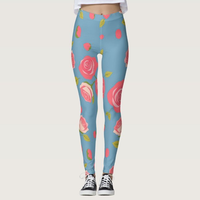 Rosa Rosen auf blauem Hintergrund Leggings (Vorderseite)