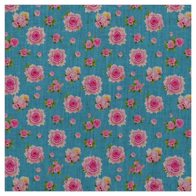 Rosa Rosen auf blauem Hintergrund Stoff (Muster)