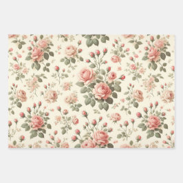 Rosa Rosen auf Creme Vintages Wrapping Paper Geschenkpapier Set
