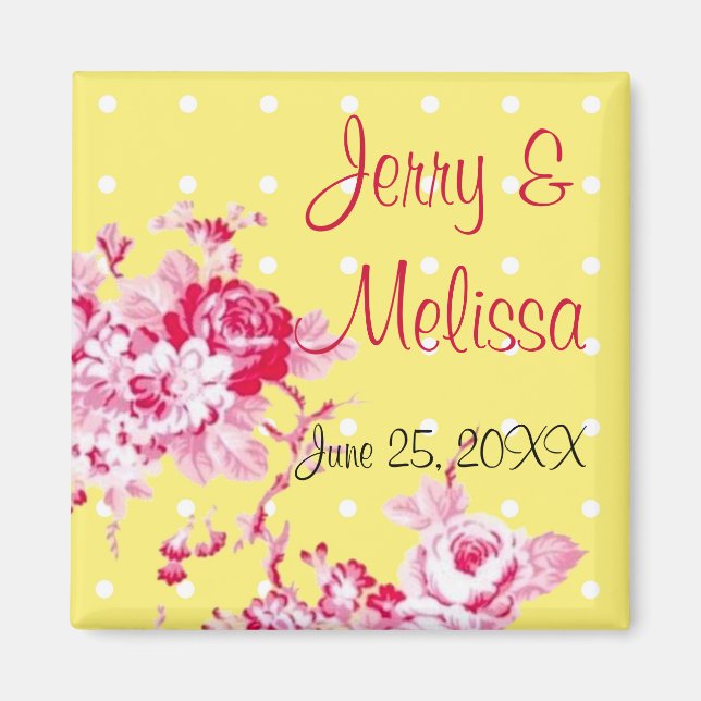 Rosa Rosen auf gelber Gastgeschenk Hochzeit Magnet (Vorne)