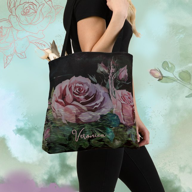 Rosa Rosen auf schwarz (Pink Roses on Black Tote Bag)