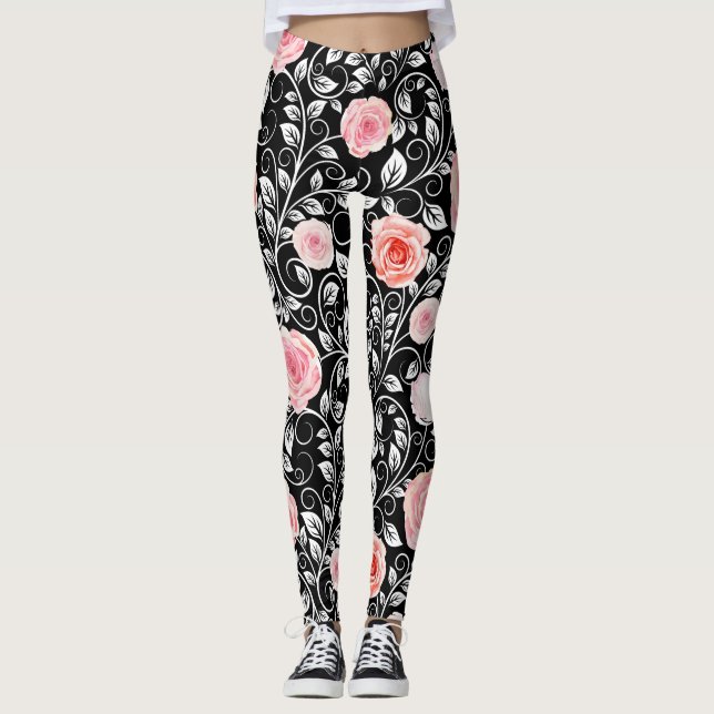 Rosa Rosen auf schwarz Leggings (Vorderseite)